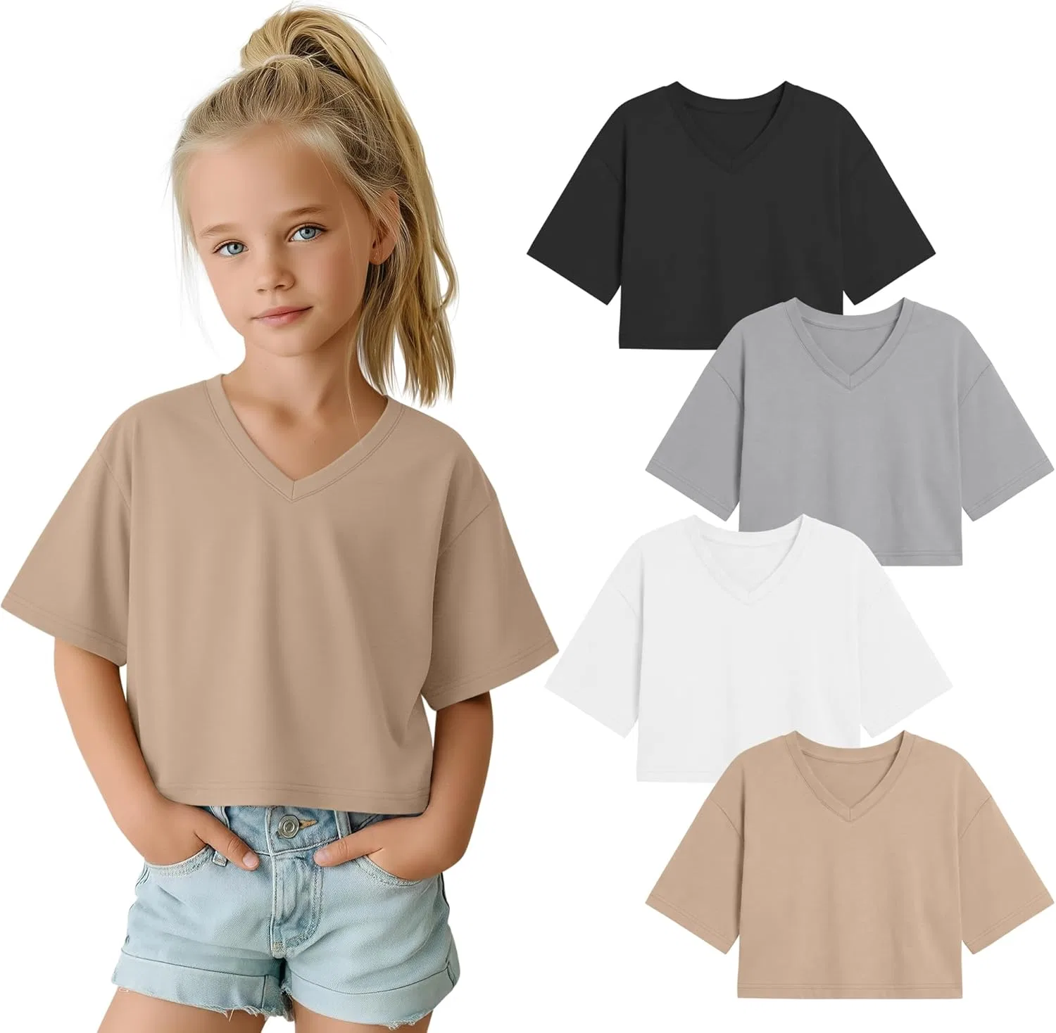 Детские топы-кроп с V-образным вырезом, набор 4 шт, LessonZoo, Black, White, Light Gray, Khaki, 13-14 Years
