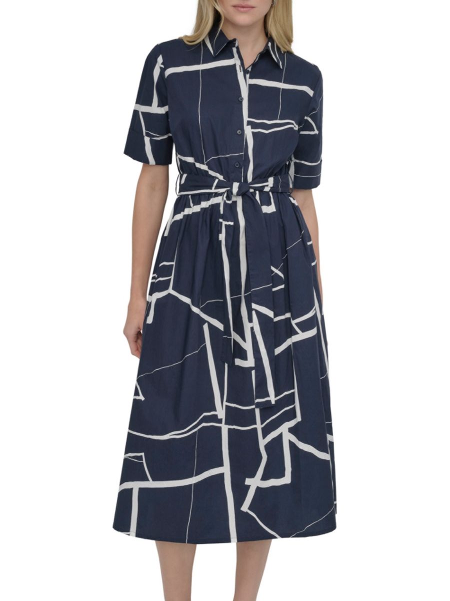 

Платье-рубашка миди с короткими рукавами и абстрактным принтом DKNY, цвет Navy Cream