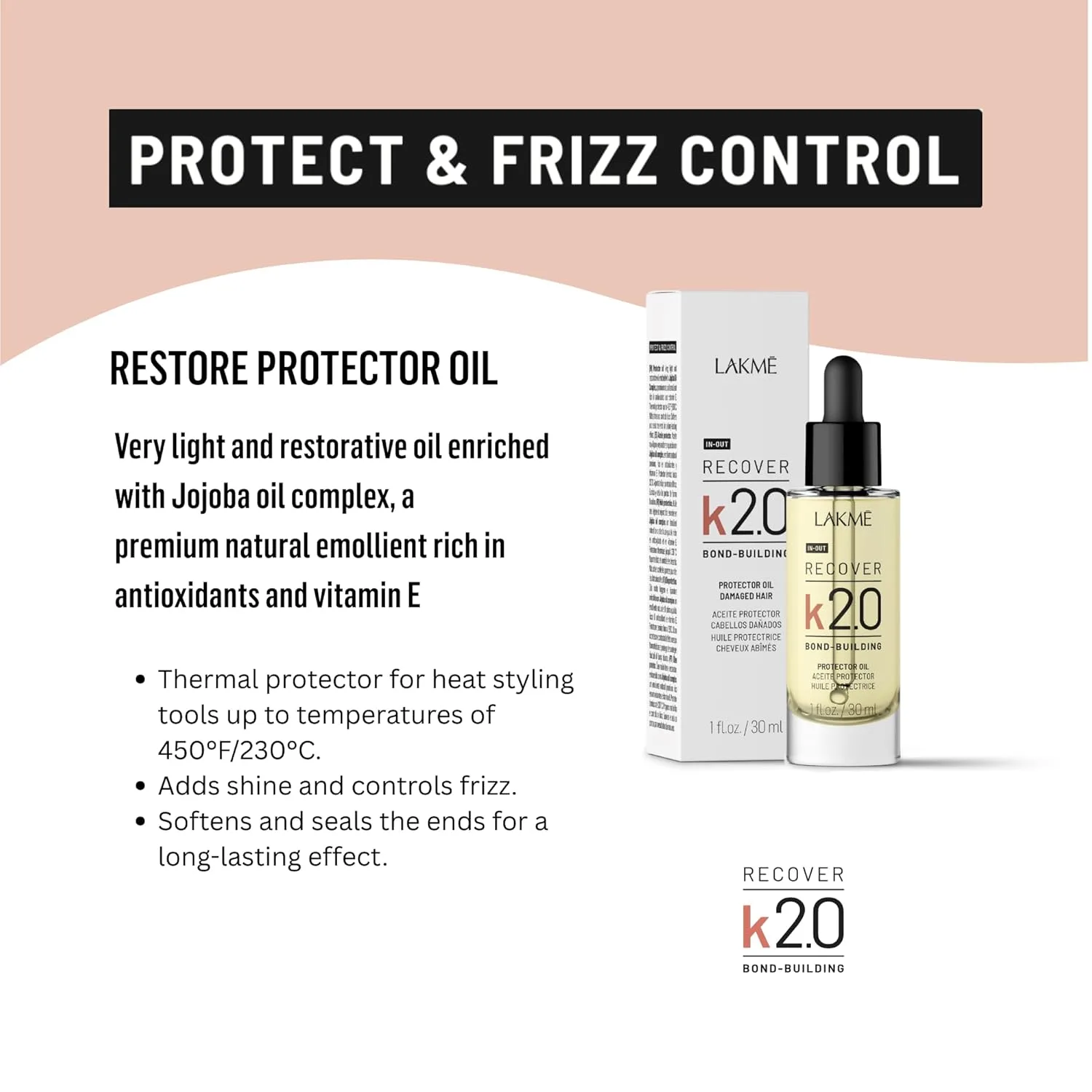 Lakmé K2.0 Recover Restore Protector Hair Oil, защита от ломкости и воздействия утюга, придает блеск, укрепляет и восстанавливает волосы, 30 мл — фото 4