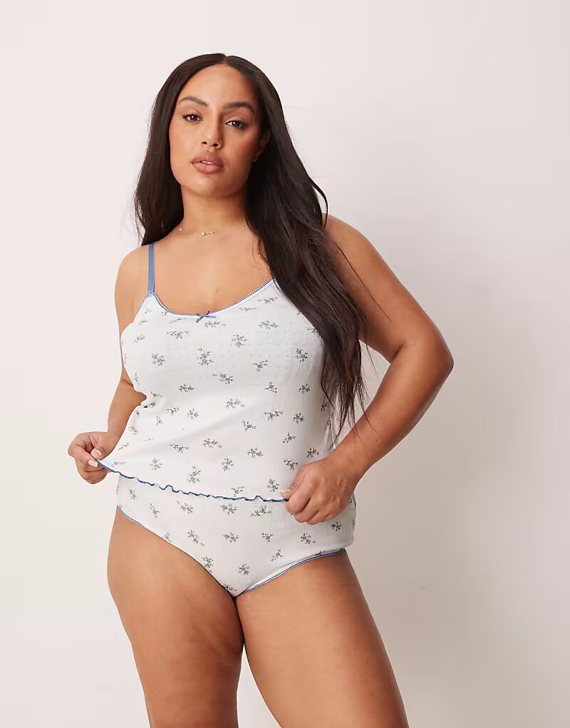 

Комплект из топа и трусиков Curve Freya с ажурным принтом синего цвета от ASOS DESIGN