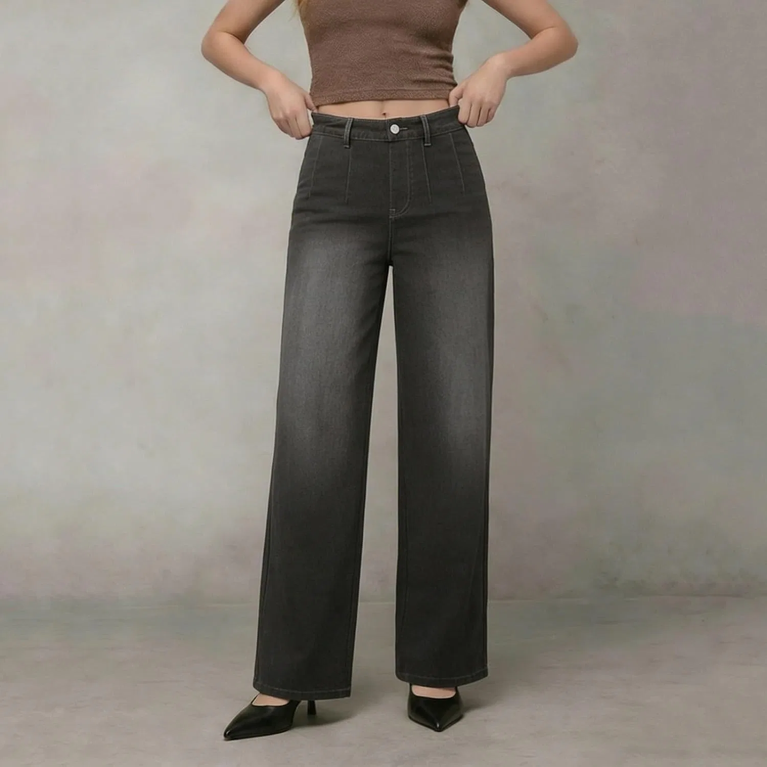 Джинсы прямые широкие Women's High Waist Denim Pants, серый — фото 2