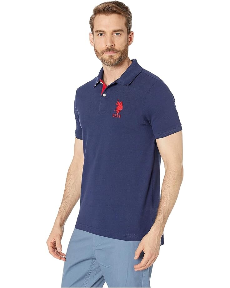 

Поло U.S. POLO ASSN. Slim Fit Big Horse Polo with Stripe Collar, цвет Classic Navy