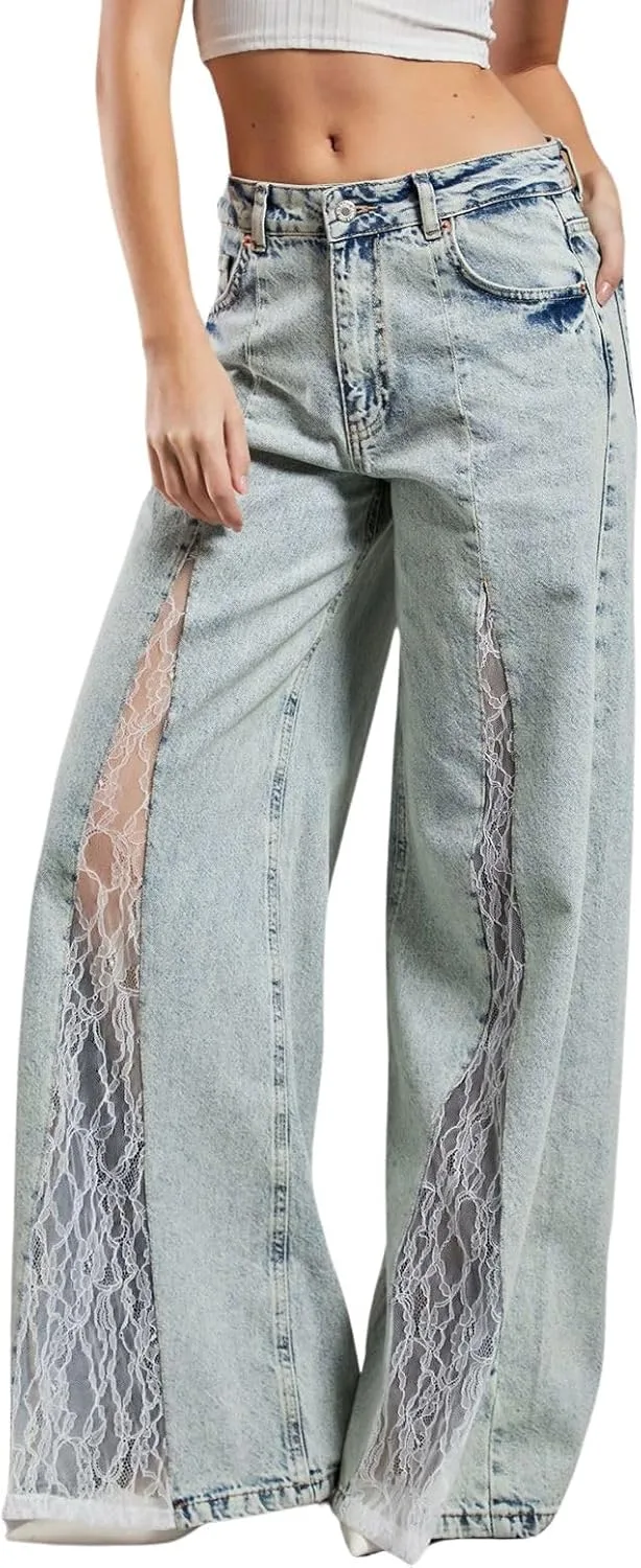 

ebossy женские джинсы с кружевными вставками и расклешенным силуэтом