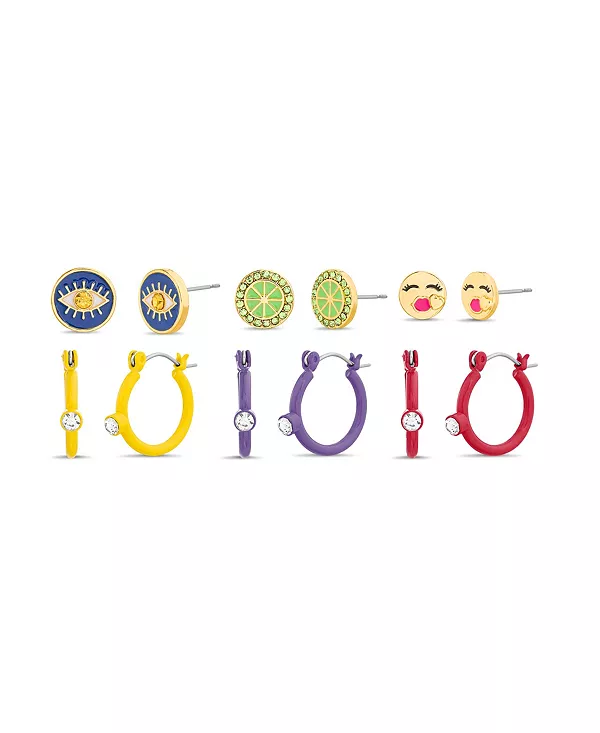 

Комплект из 6 серег-гвоздиков и колец из смешанных кубических цирконий с изображением сглаза, лайма и эмодзи поцелуя Kensie, multi