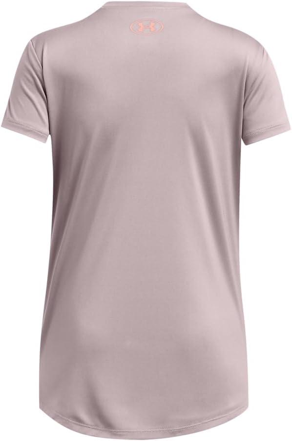 Футболка Under Armour для девочек с короткими рукавами и большим логотипом Tech Print, (015) Tetra Gray/Flare Orange — фото 2