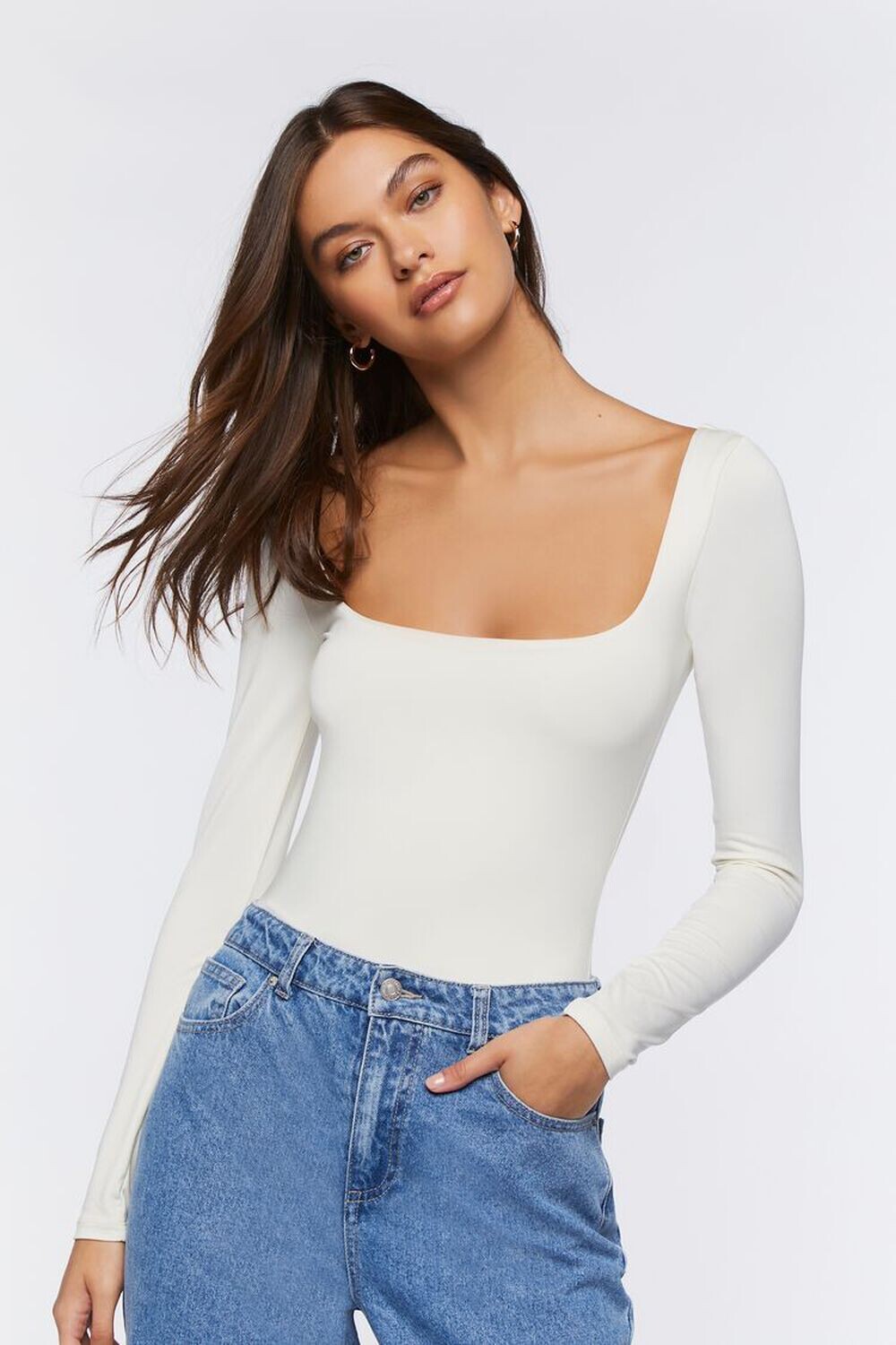 

Боди с длинными рукавами Forever 21, кремовый