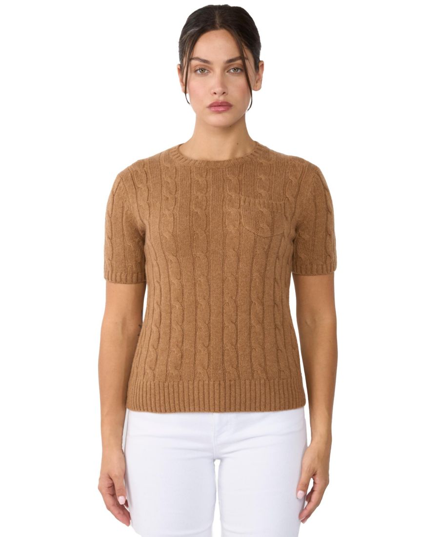 

Женский свитер крупной вязки с круглым вырезом и короткими рукавами, 70% шерсть, 30% кашемир JENNIE LIU, Toast