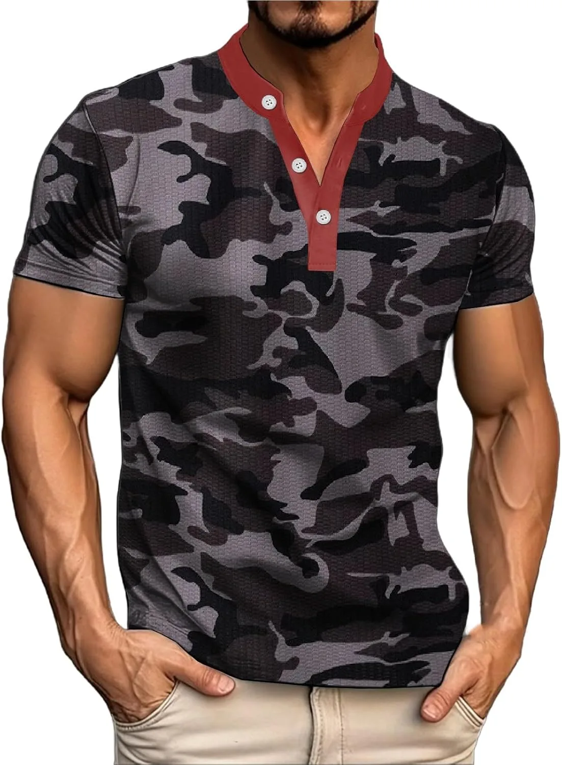 

Футболка Henley с камуфляжным принтом и коротким рукавом