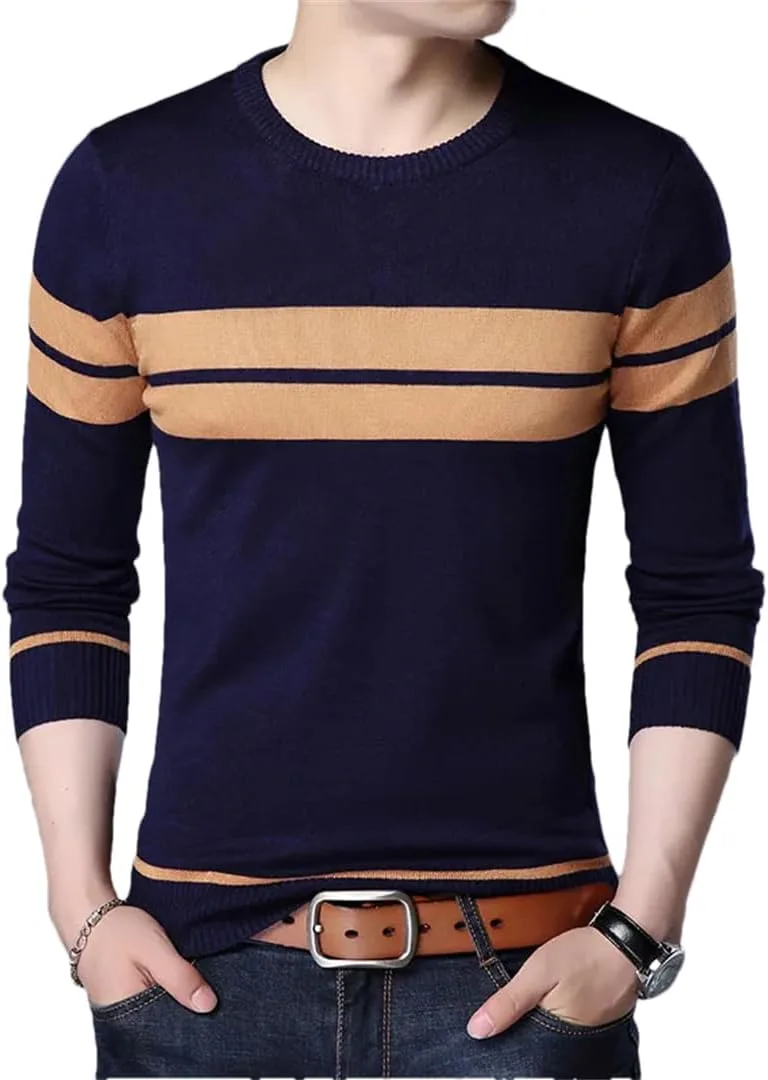 Мужской вязаный свитер Slim O Neck с длинным рукавом и полосатым пэчворком