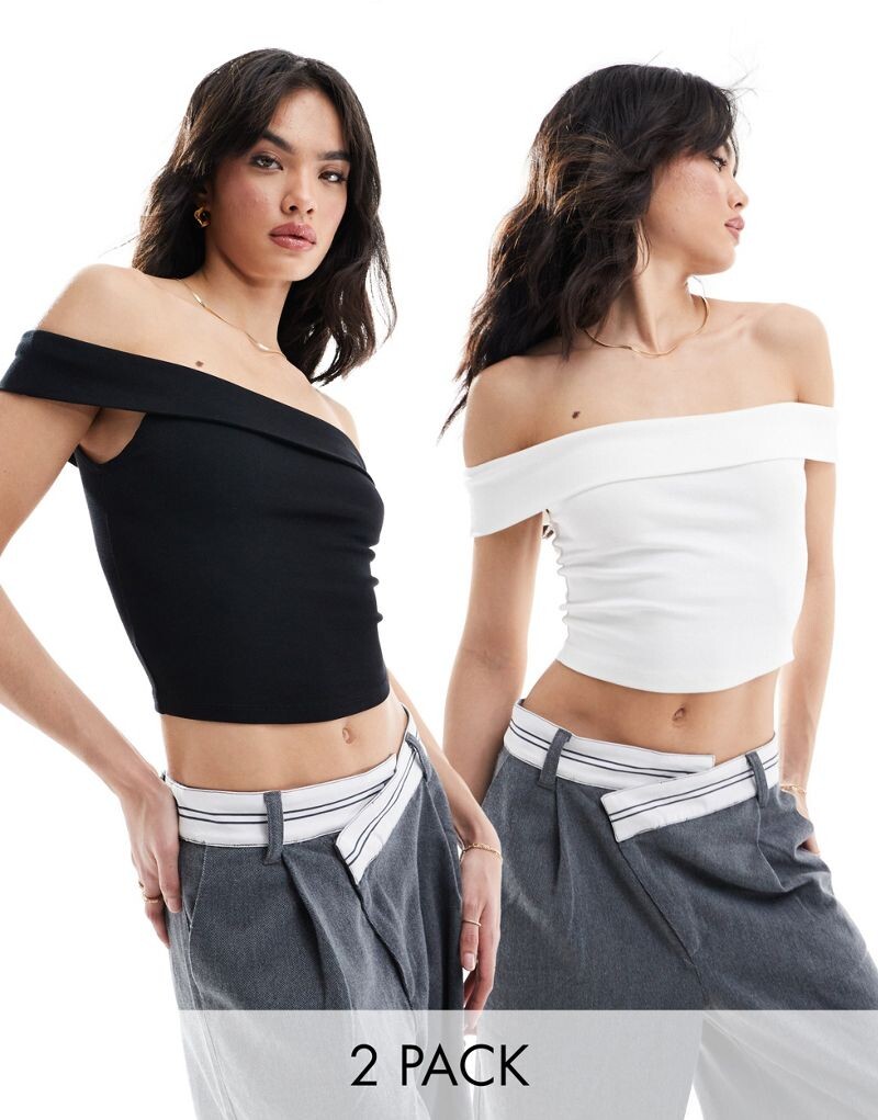 

Bershka – Комплект из 2 топов с высоким воротником Bardot черного и белого цвета