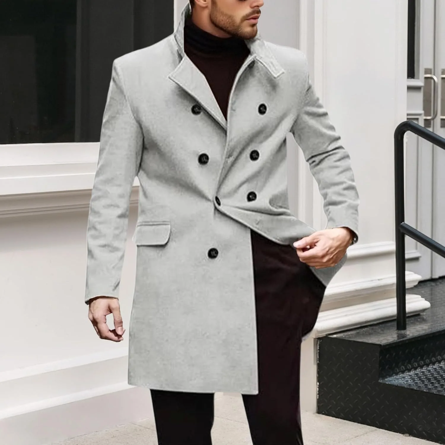 Тренч Men's Luxury Full Length, длинное шерстяное пальто, зимняя ветровка Generic, светло-серый — фото 2