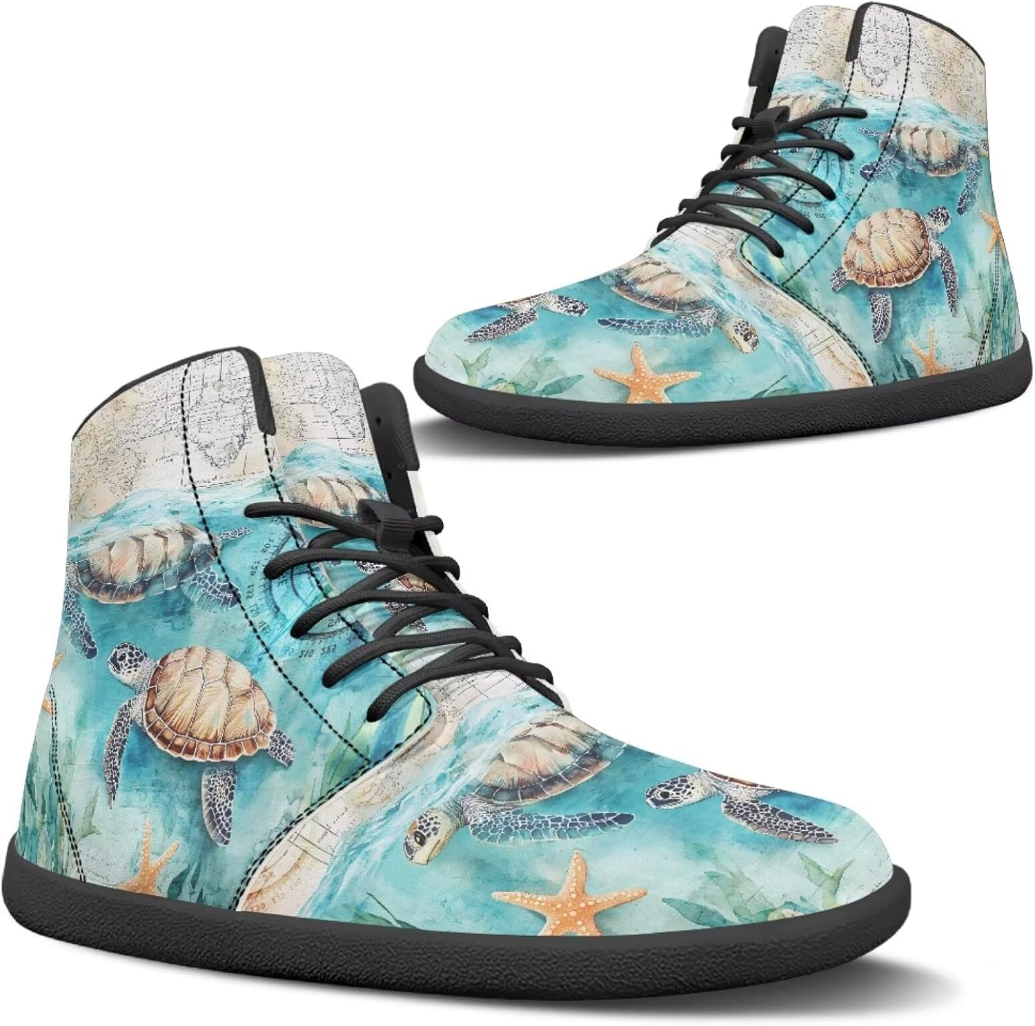 

Высокие кроссовки Binienty из водонепроницаемой PU-кожи для женщин и мужчин с широким носком и эффектом босоногости, Map Sea Turtle