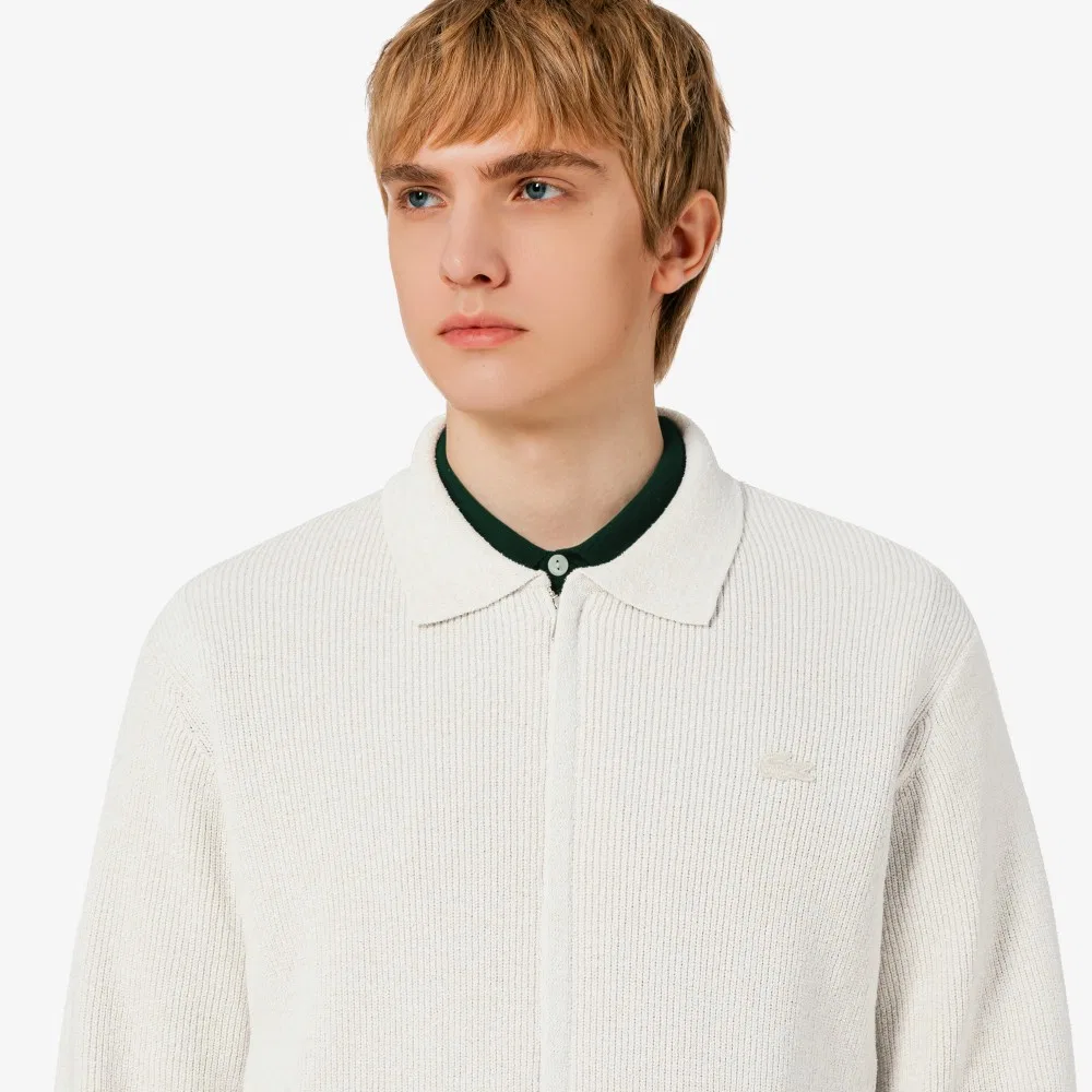 Мужской кардиган-поло на молнии с ребристой отделкой айвори от Lacoste — фото 2