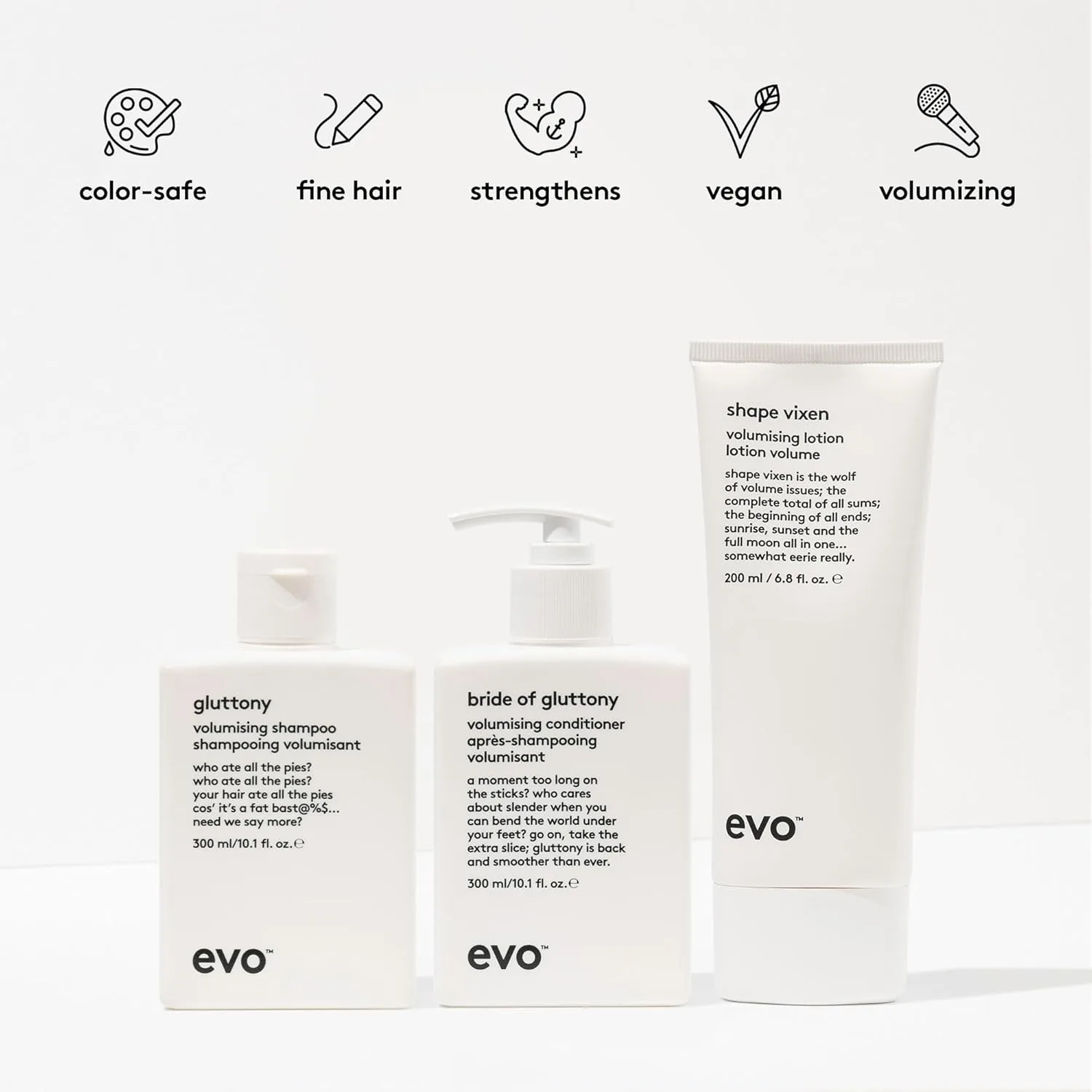 Набор EVO Volumizing Hair Care Essentials: шампунь Gluttony Volumising Shampoo, кондиционер Bride of Gluttony Volumising Conditioning Conditioner, лосьон Shape Vixen Volumising Lotion. — фото 3