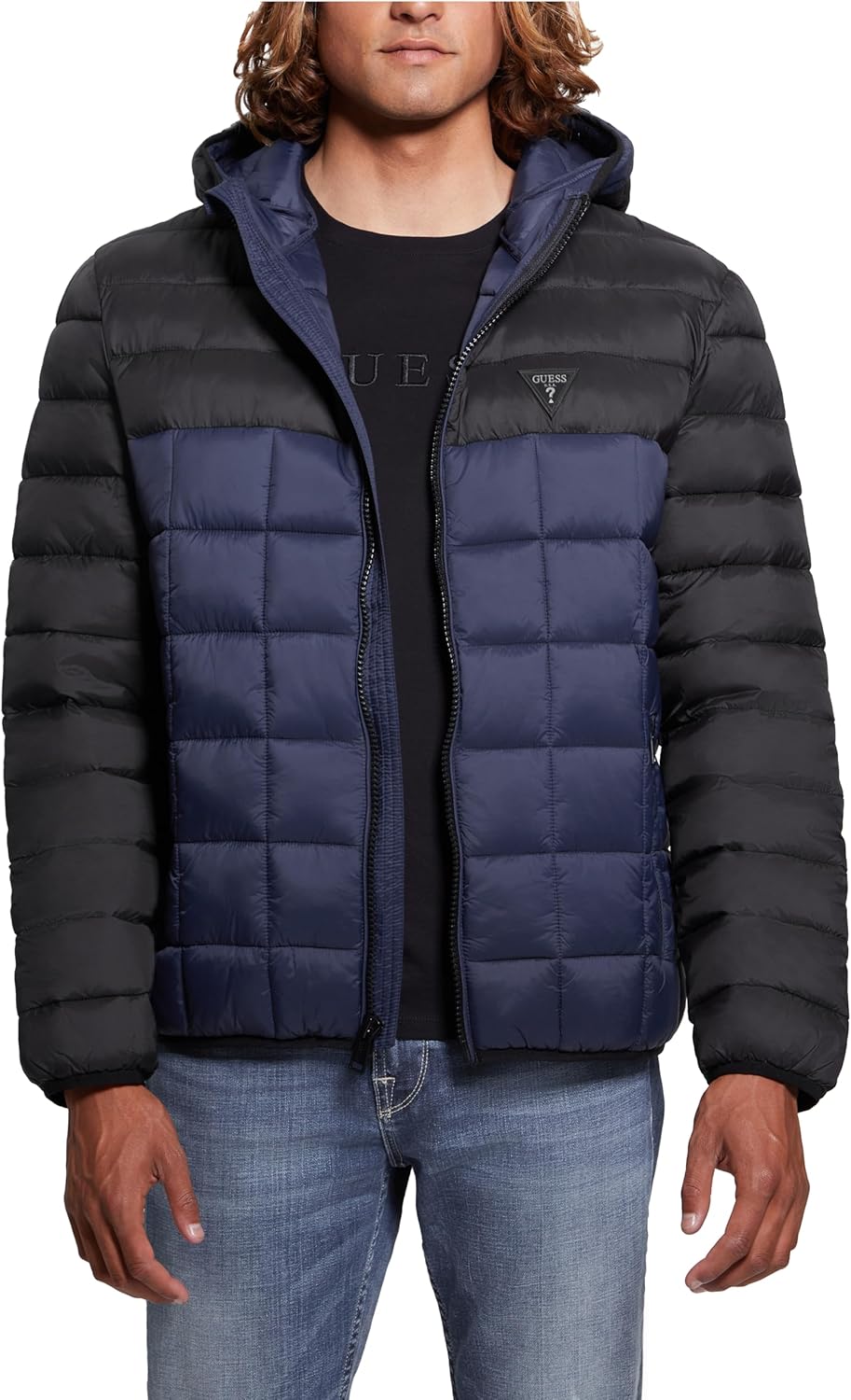 

GUESS мужская ветровка Jacob Quilted Pack Hooded, Black Blue Blocking