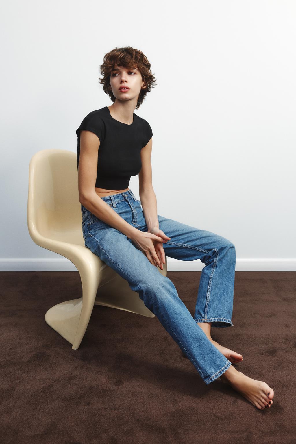 

Укороченная футболка из хлопчатобумажного модала ZARA, черный