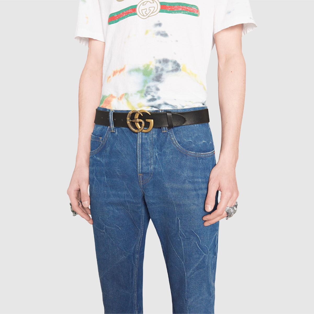 

Кожаный ремень с пряжкой Double G и змеиным узором шириной 1,5 см GUCCI