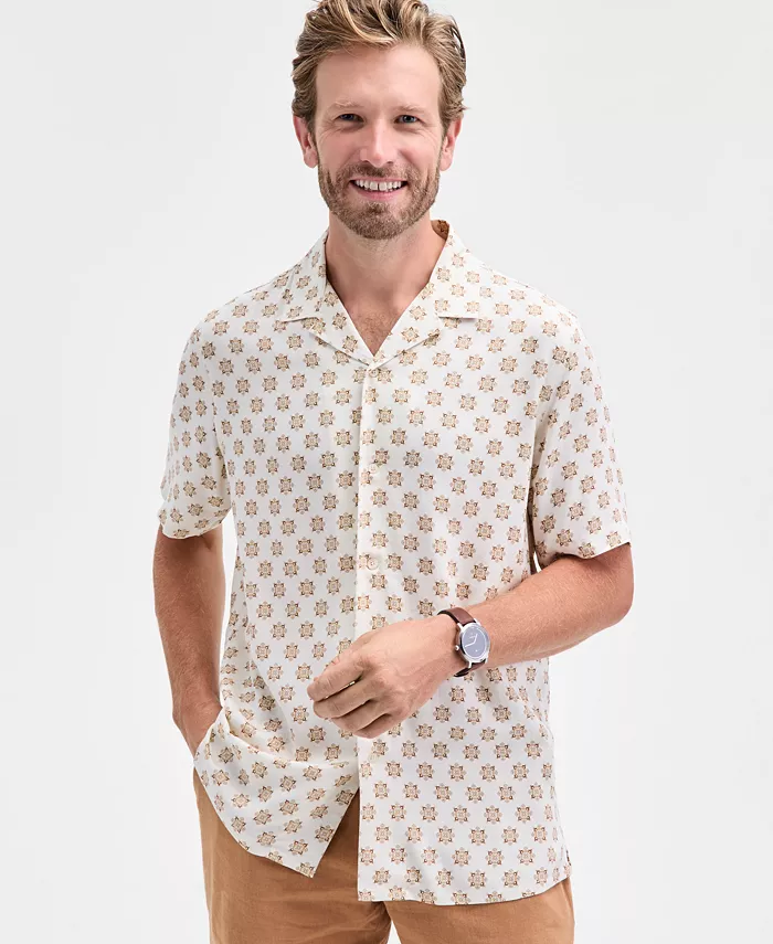 

Мужская рубашка с медальонным принтом и кэмп-воротником, короткий рукав Club Room, белый