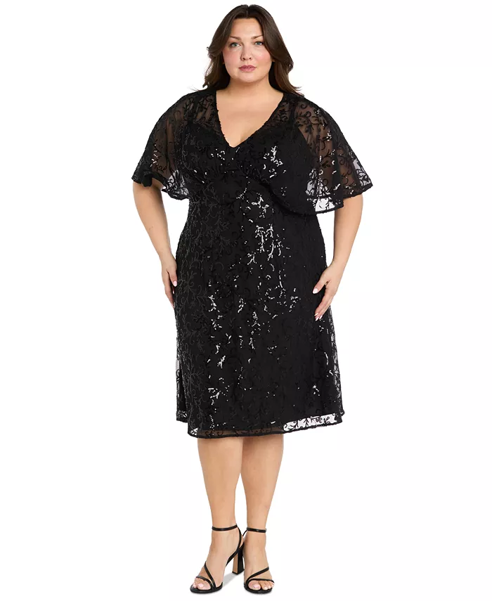 

Платье с накидными рукавами и пайетками, завышенной талией, plus size R & M Richards, черный