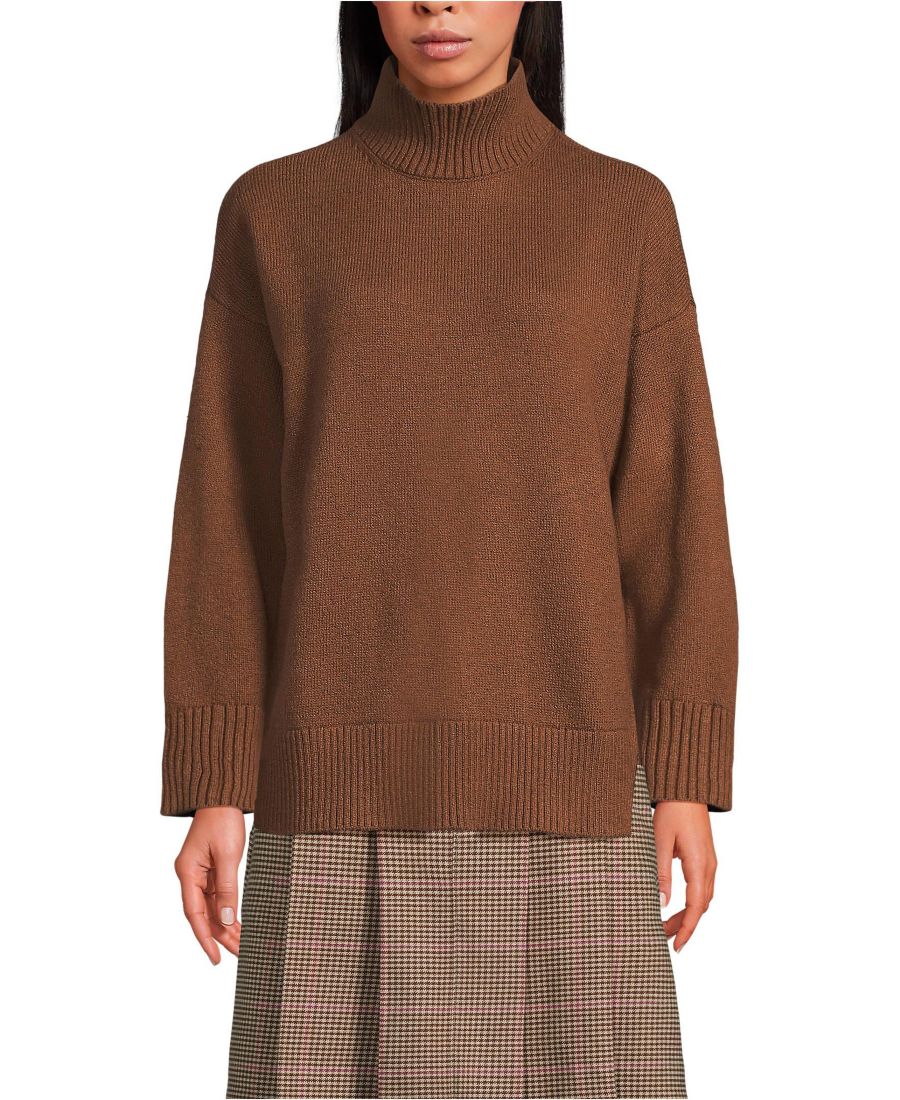 

Женский уютный свитер с высоким воротником и разрезом по низу Lands' End, Rich ginger brown