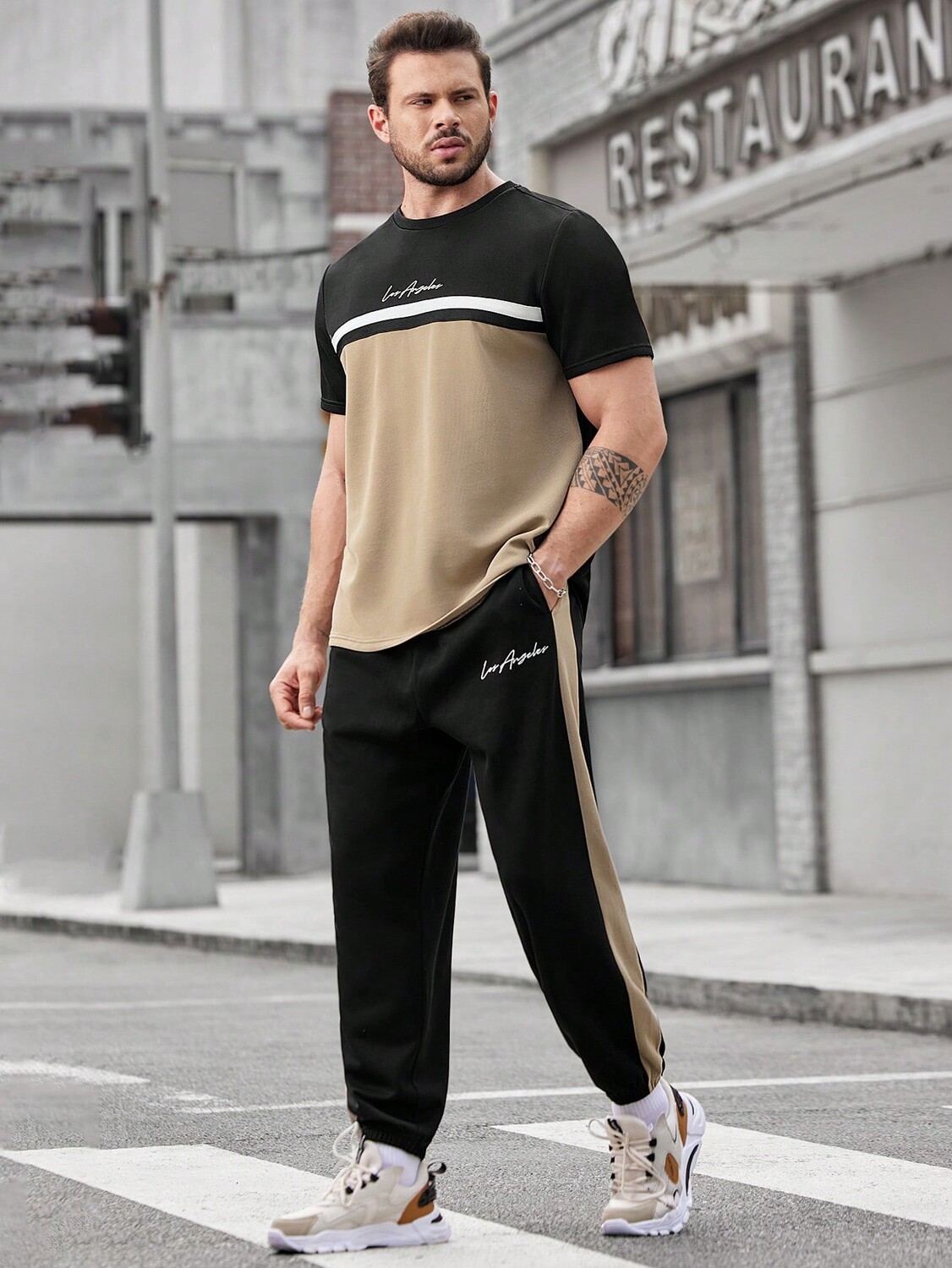 

Футболка мужская и брюки Manfinity в стиле пэчворк, коричневый / черный