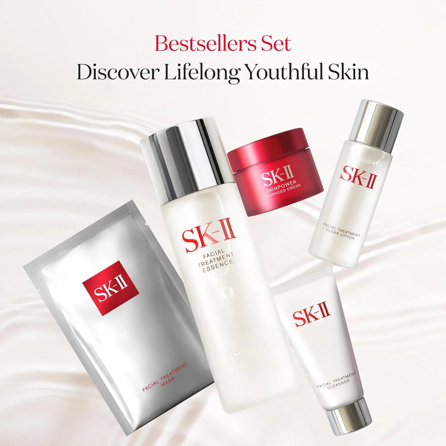 SK-II набор бестселлеров для ухода за кожей - антивозрастной уход включает полноразмерную эссенцию, дорожный очищающий гель, тонер, крем и 2 тканевые маски (6 предметов) 6 шт. (1 шт.) — фото 2