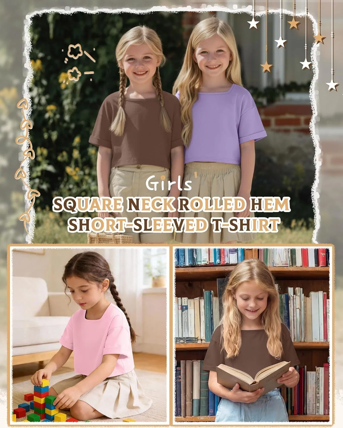 Комплект из 3 детских топов оверсайз с квадратным вырезом LessonZoo, Taro Purple, Light Pink, Mocha — фото 4