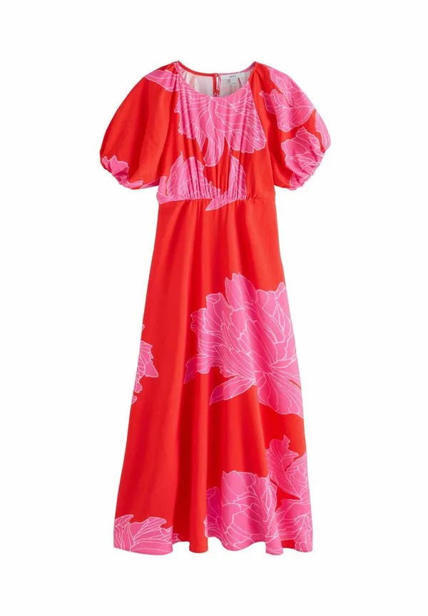 Платье-Макси с пышными рукавами, облегающего кроя Next, Red Pink Floral Printed