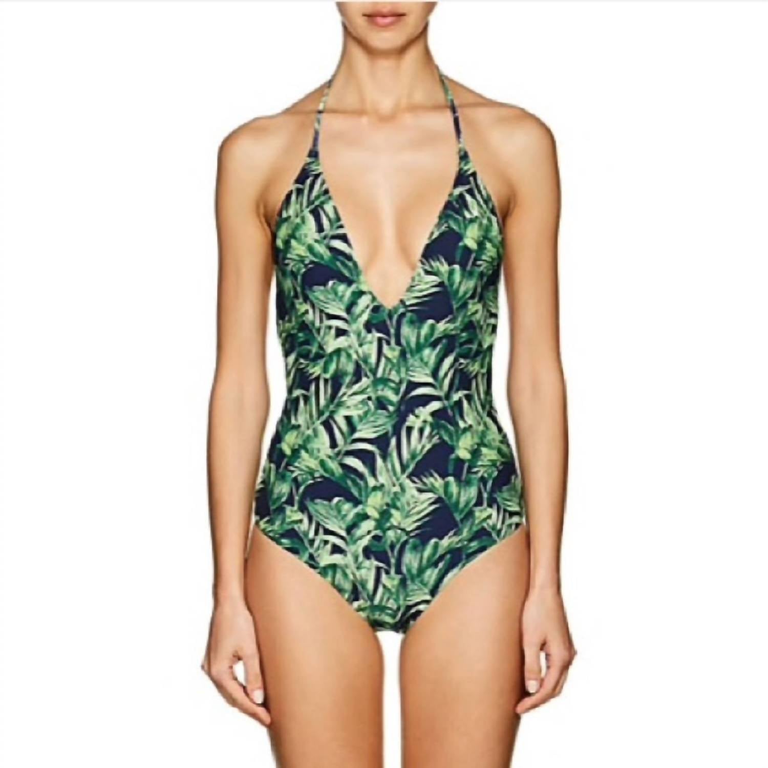 

Слитный купальник Nina с глубоким V-образным вырезом в цвете Palm Forest Navy Onia