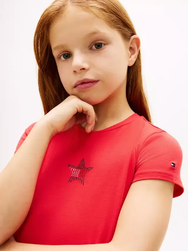Детская футболка из смесовой хлопковой ткани с логотипом в виде звезды Tommy Hilfiger, Red — фото 4