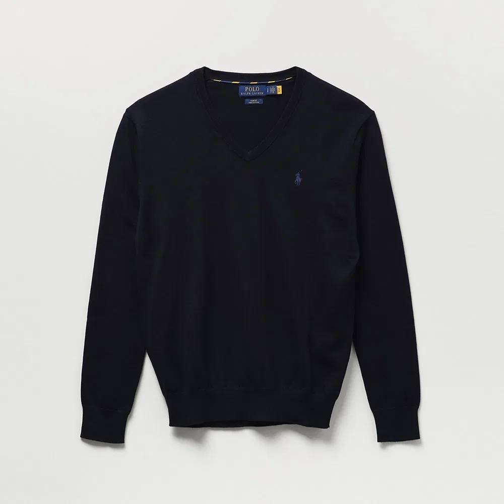 Мужской хлопковый свитер с V-образным вырезом, тёмно-синий, от Polo Ralph Lauren