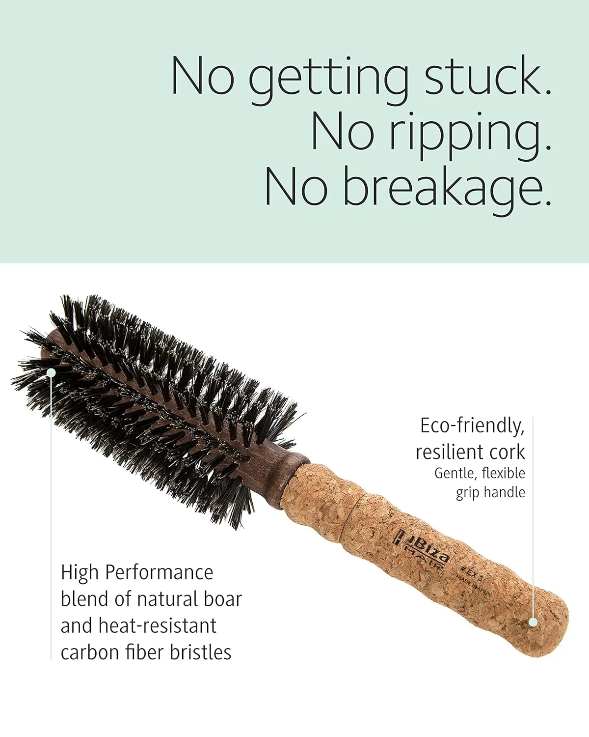 Круглая щетка Ibiza Hair из щетины кабана (серия EX) - легкая, с усиленной щетиной и пробковой ручкой, добавляет блеск и текстуру, идеальна для средних и длинных волос EX3, black,brown — фото 3