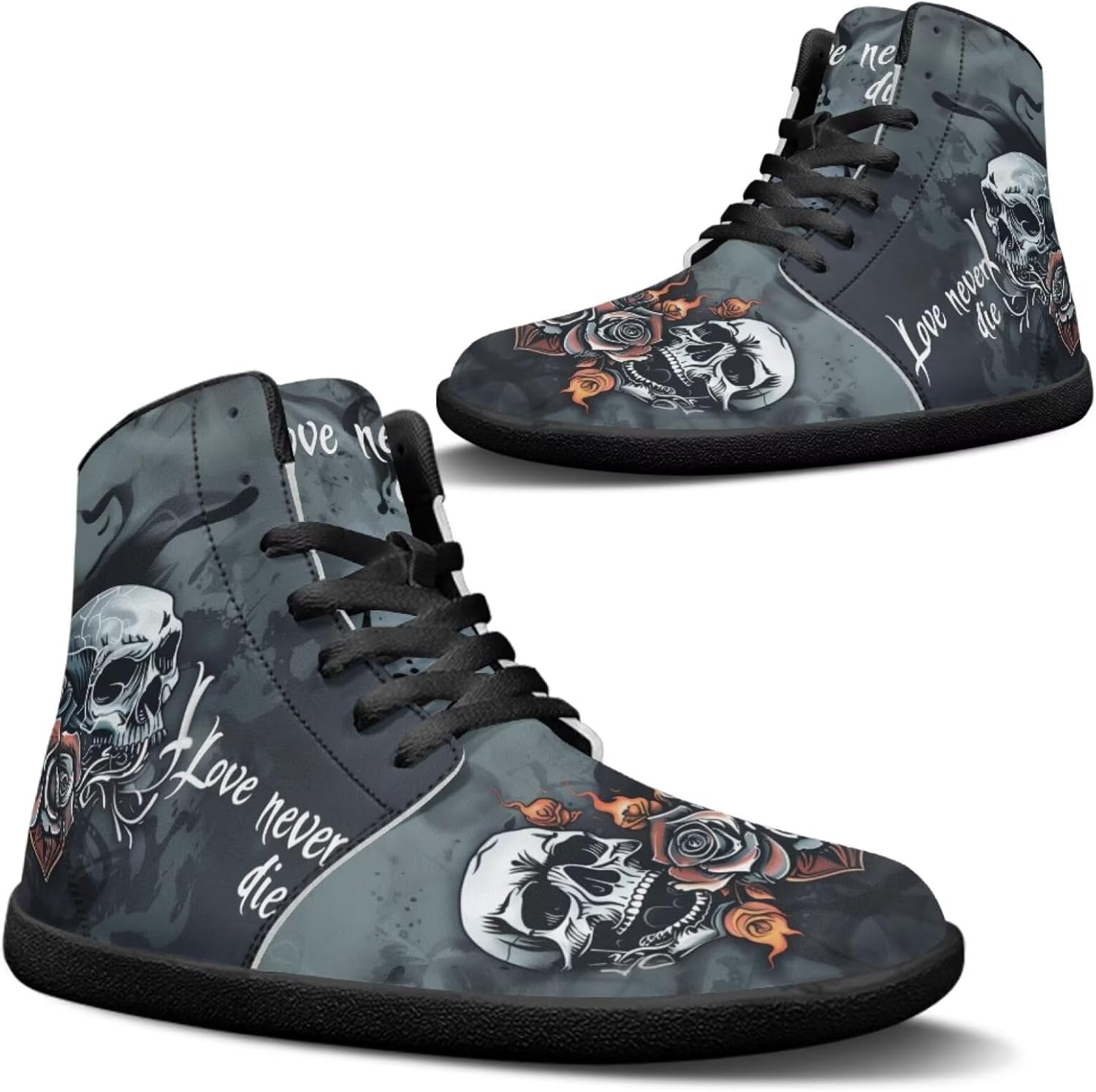 

Кроссовки Binienty для мужчин и женщин с высокой посадкой, без носка, на шнуровке, из искусственной кожи, противоскользящие, Dark Skull Fire Rose