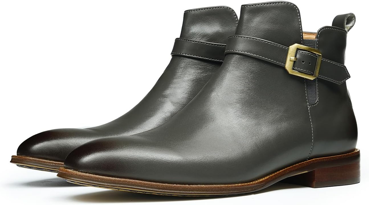 

Мужские кожаные ботинки Santimon Chelsea для вечернего и повседневного ношения- модные ботильоны с пряжкой и боковой молнией, каблук на слоеной подошве, бизнес-кэжуал, для торжеств, свадеб и официальных мероприятий, серый