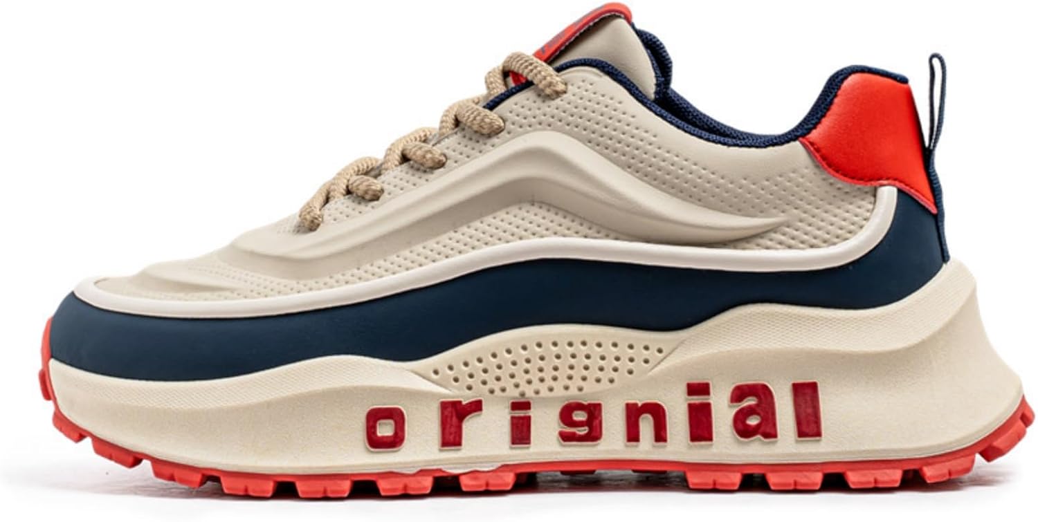 

Мужские дышащие кожаные кроссовки на шнуровке с платформой, модные повседневные, противоскользящие, амортизирующие, для ходьбы и тренировок, кроссовки для папы Khwfjas, красный/синий