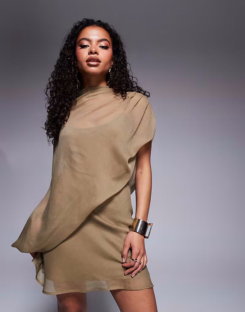 

ASOS DESIGN Petite мини-платье с высоким воротом, драпировкой и асимметричным вырезом, серо-коричневого цвета ASOS Petite