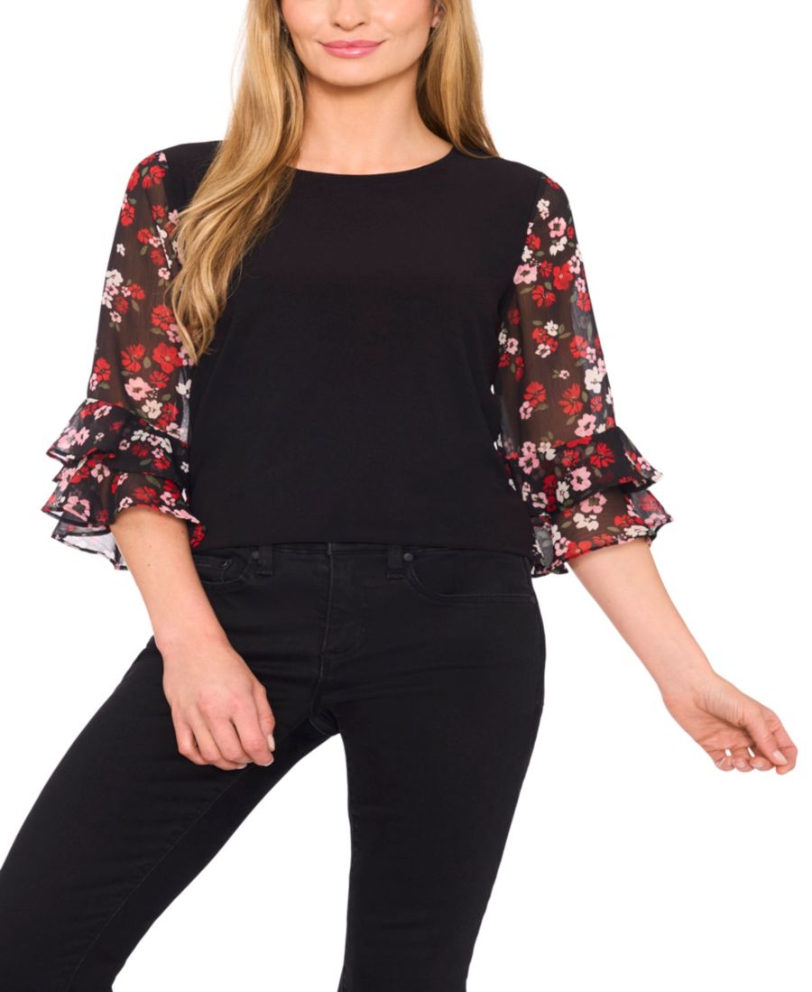 

Женский топ с двойной оборкой, рукавами 3/4, из комбинированных материалов CeCe, Rich Black