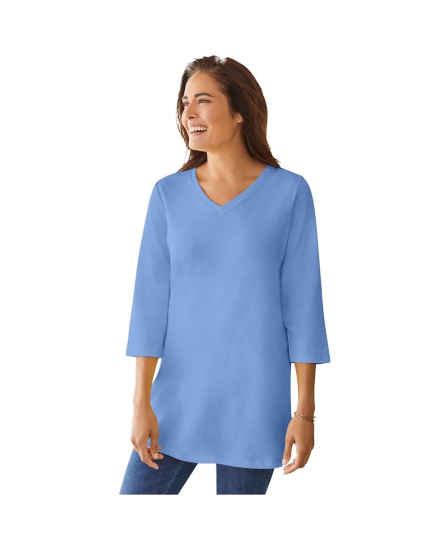 

Туника больших размеров с рукавами три четверти и V-образным вырезом Woman Within, French blue