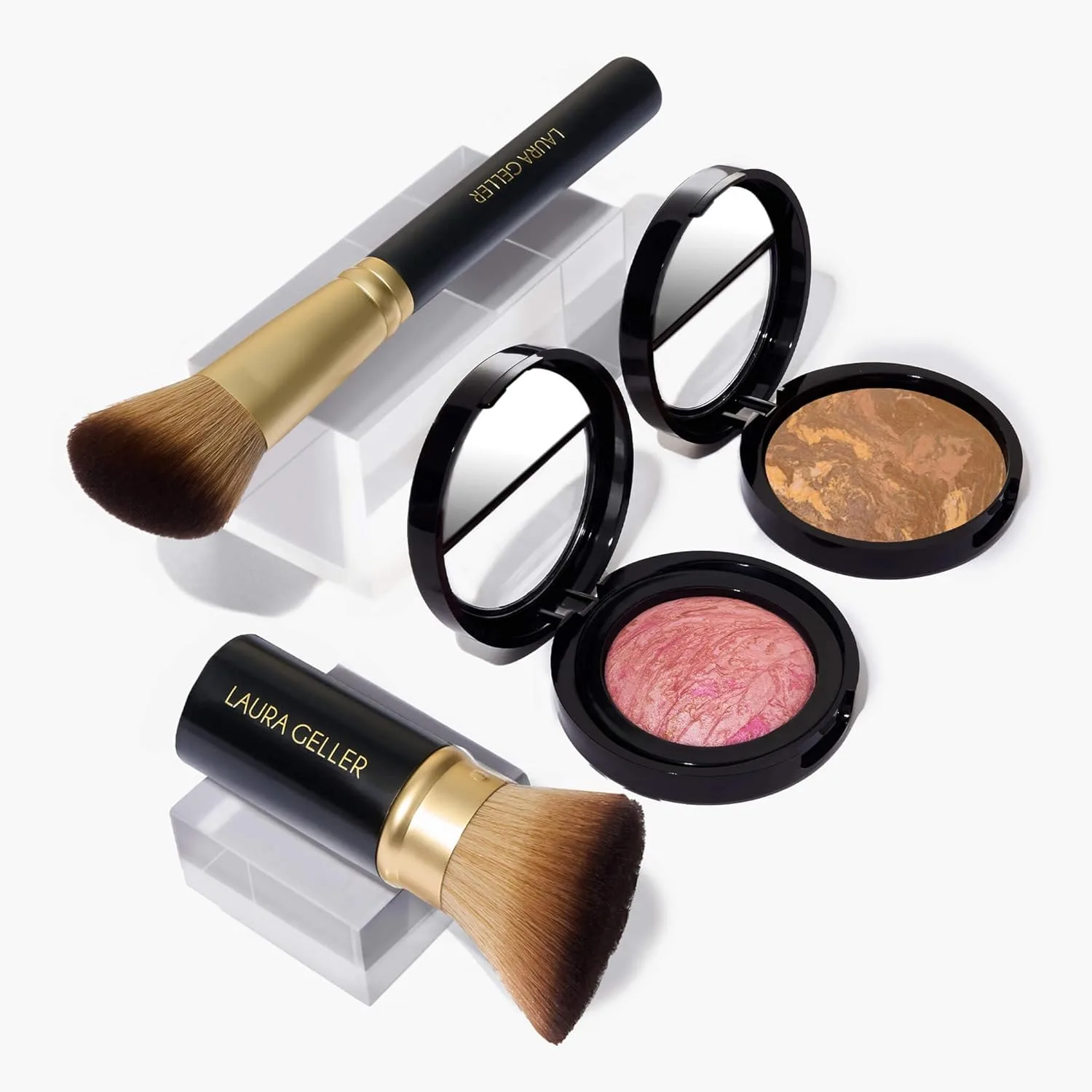 Набор Fast Face от LAURA GELLER NEW YORK: тональная пудра Baked Balance-n-Brighten, Sand + румяна Baked Blush-n-Brighten, Pink Buttercream + кисть Airbrush Kabuki + скошенная кисть для румян, brown, pink