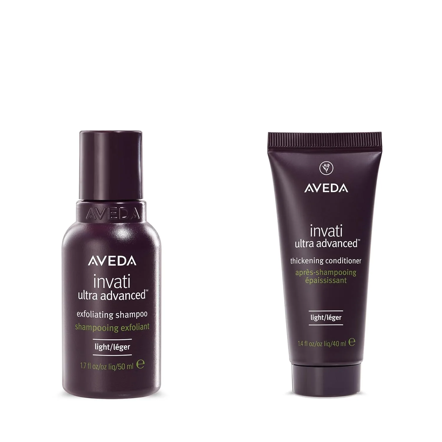 Aveda Invati Ultra Advanced отшелушивающий шампунь и облегченный кондиционер для объема, для тонких и средних редеющих волос, нормальной и жирной кожи головы, дорожный размер