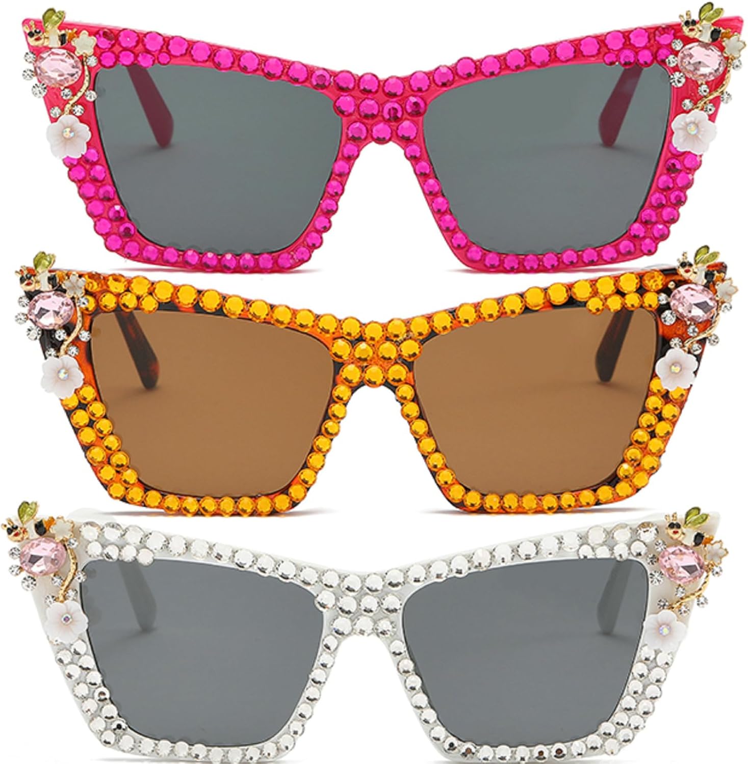 

Модные женские солнцезащитные очки «кошачий глаз» с бриллиантами, сверкающими кристаллами, в стиле ретро, ​​с блестками и стразами для вечеринок mincl, 3pcs-purple&leopard&white