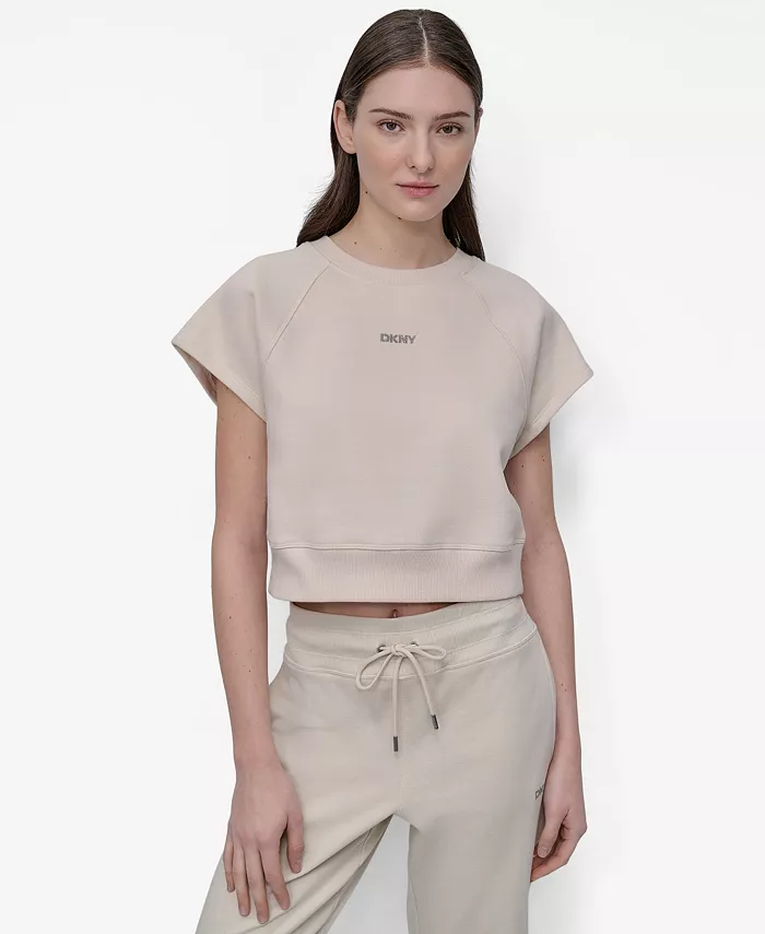 

Женский укороченный топ с коротким рукавом и мини-логотипом со стразами DKNY, коричневый/бежевый