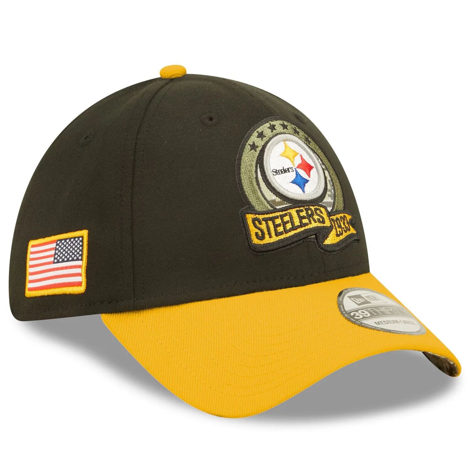 

Мужская кепка New Era черная/желтая Pittsburgh Steelers 2022 Salute To Service 39THIRTY Flex Hat