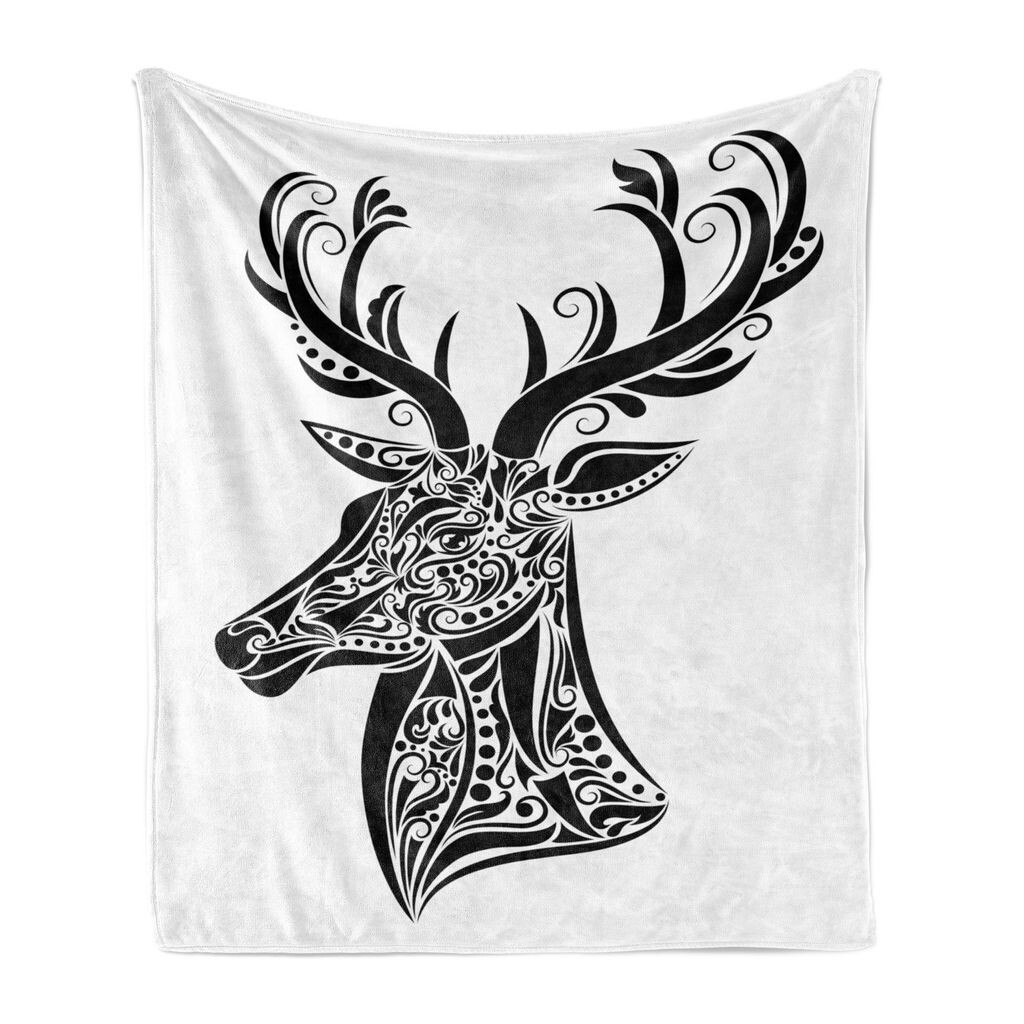 

Мягкое фланелевое флисовое одеяло ABAKUHAUS Antler, татуировка оленя, уютный плюш для использования в помещении и на открытом воздухе, 125 x 175 см, черный и белый