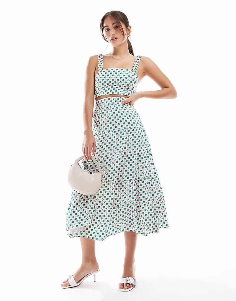 

Коллектив The Label Юбка макси с ярусами в розово-зеленый цветочный квадрат Collective The Label